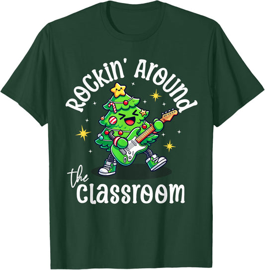 Teacher Christmas Rocking Around The Classroom Retro Holiday T-Shirt - T-Shirt | Forest
