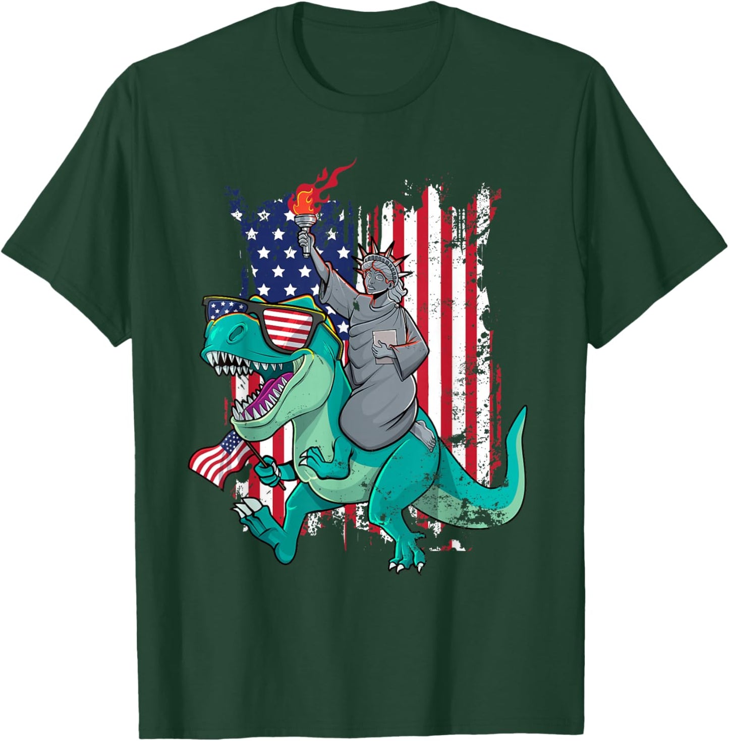 Fourth of July Funny Statue of Liberty Riding Dinosaur T-Rex T-Shirt - T-Shirt | Forest