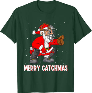 Merry Catchmas Christmas Santa Claus Baseball Catcher Xmas T-Shirt - T-Shirt | Forest