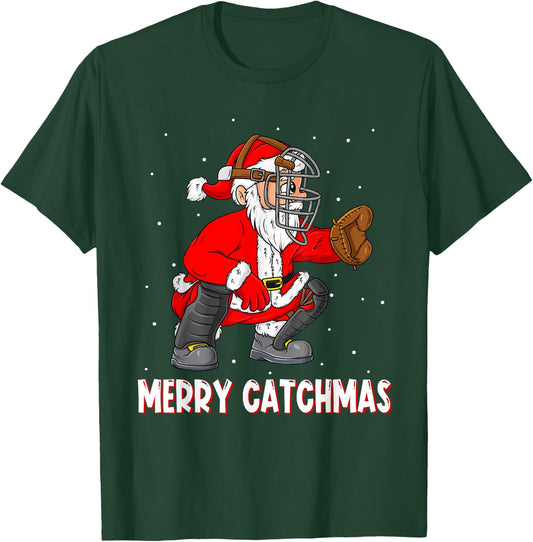 Merry Catchmas Christmas Santa Claus Baseball Catcher Xmas T-Shirt - T-Shirt | Forest