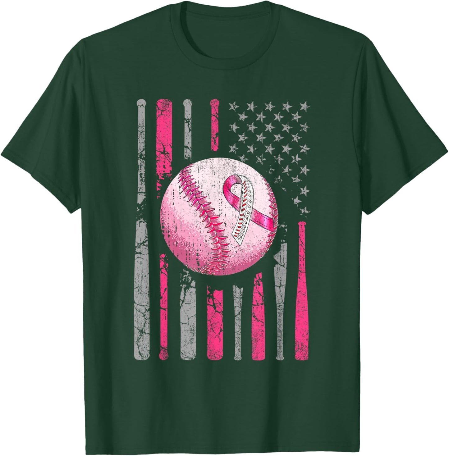 Breast Cancer Baseball Pink Ribboon American Flag Men Women T-Shirt - T-Shirt | Forest