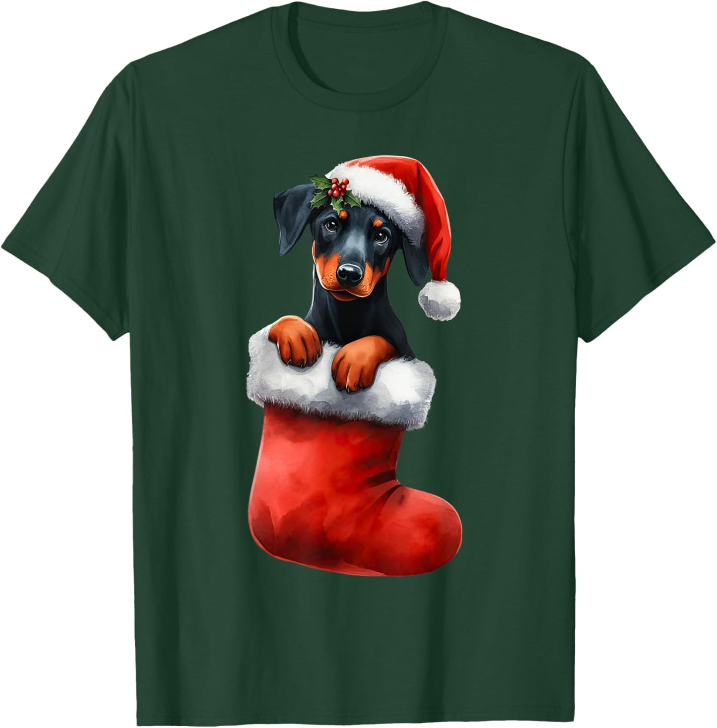 Doberman Pinscher In Sock Christmas Santa Hat Xmas Dog Lover T-Shirt - T-Shirt | Forest