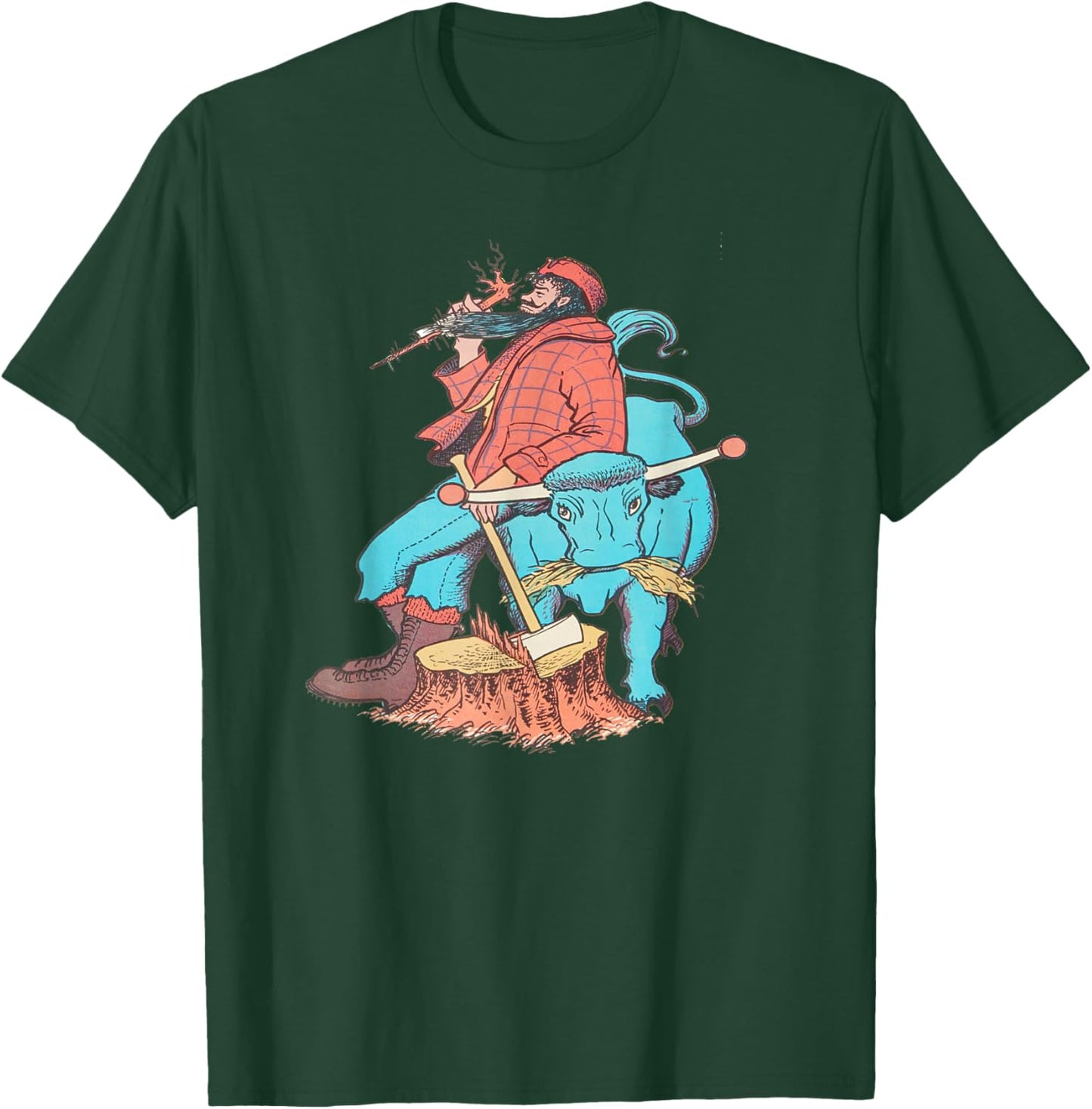 American Lumberjack Folk Hero Paul Bunyan & Babe The Blue Ox , Small, Black T-Shirt - T-Shirt | Forest