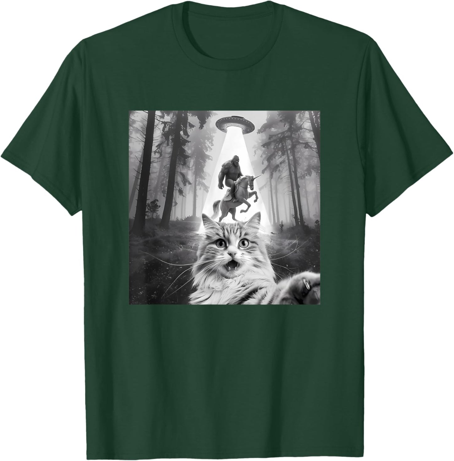 Funny UFO Cat Selfie with Bigfoot Forest Unicorn Sasquatch T-Shirt - T-Shirt | Forest