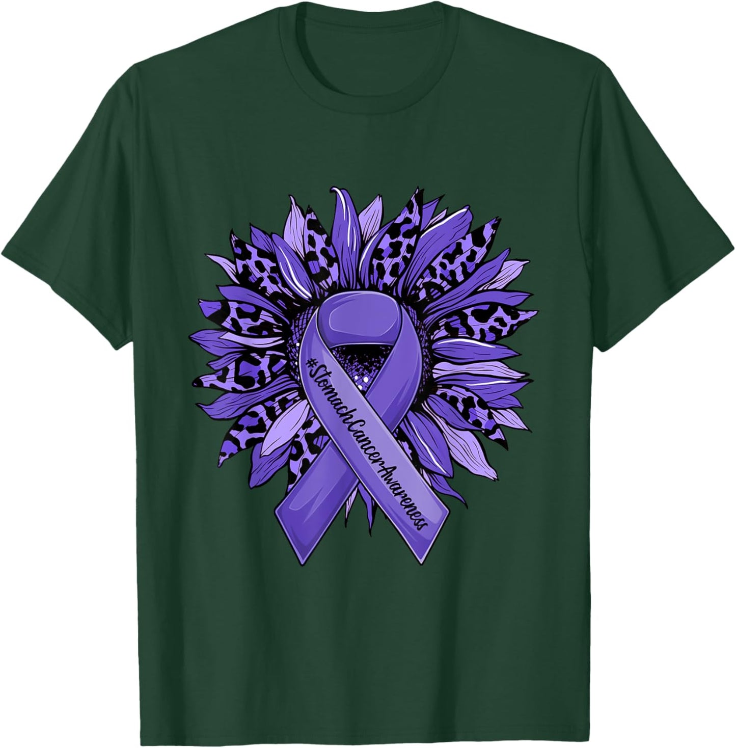 Leopard Sunflower and Periwinkle Ribbon Stomach Cancer T-Shirt - T-Shirt | Forest
