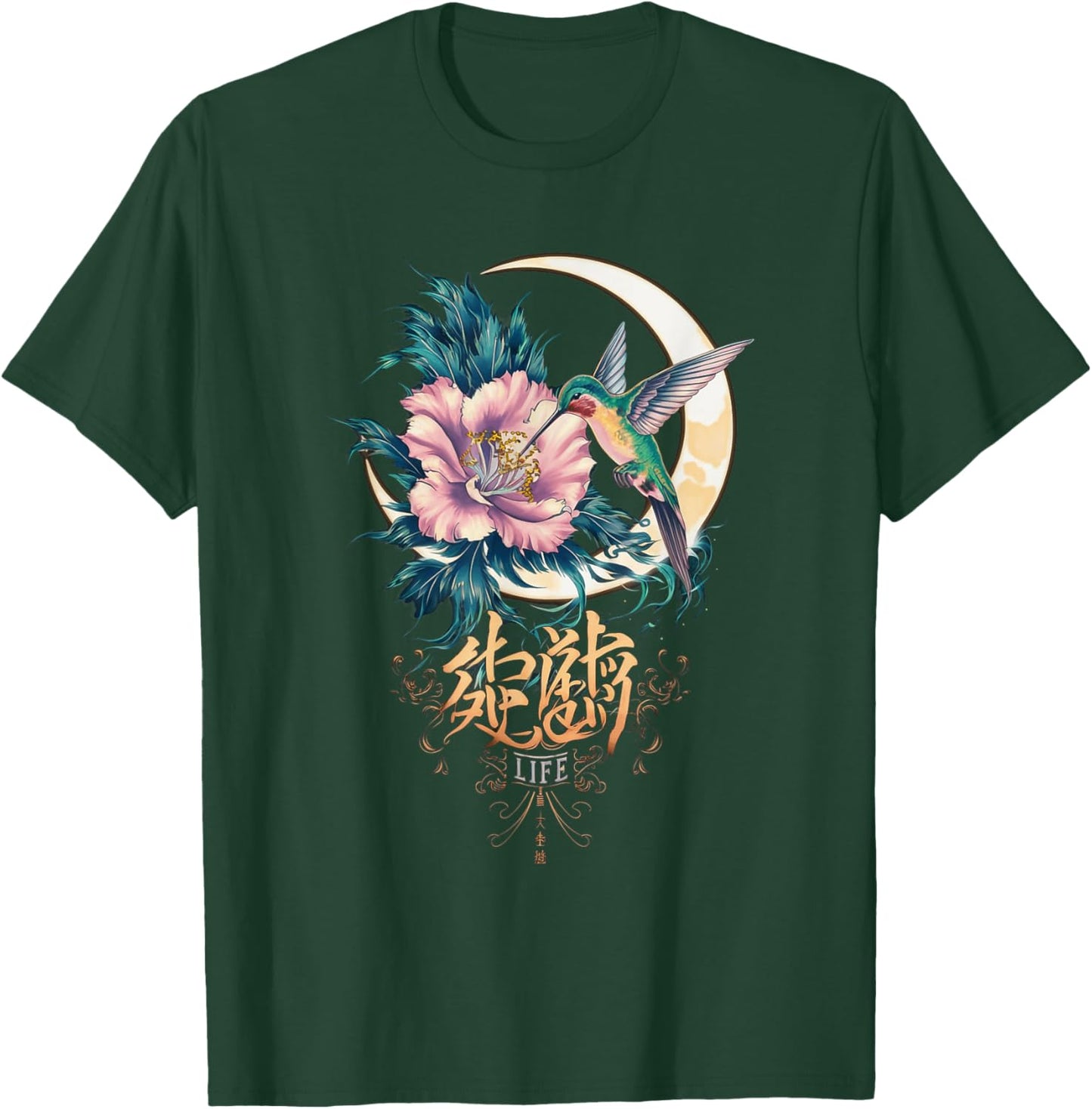 Vibrant Life Hummingbird with Hibiscus Moon Japanese Style T-Shirt - T-Shirt | Forest