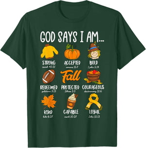 God Says I Am Fall Vibes Autumn Christian Women Men Kids T-Shirt - T-Shirt | Forest