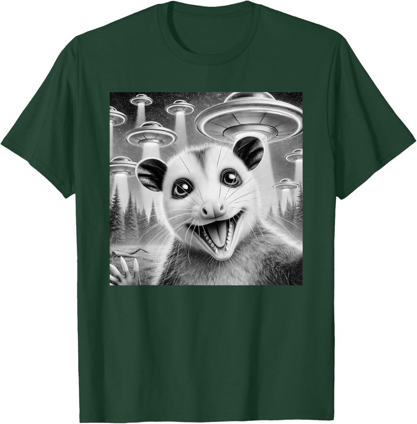 Opossum Selfie With Alien UFO Meme Men Women Kids T-Shirt - T-Shirt | Forest