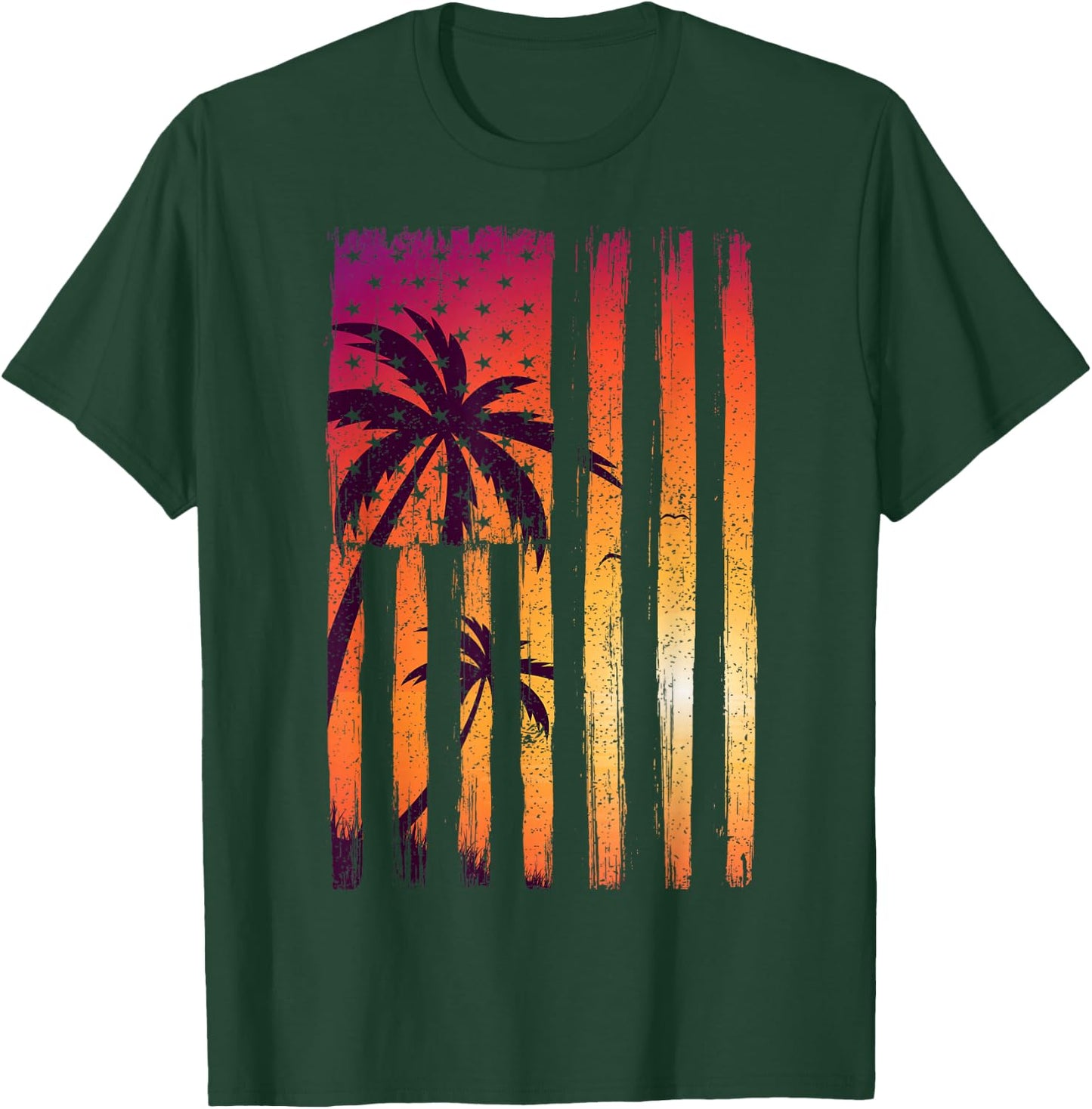 Summer Sunset Palm Trees American Flag Cool Spring Beach T-Shirt - T-Shirt | Forest