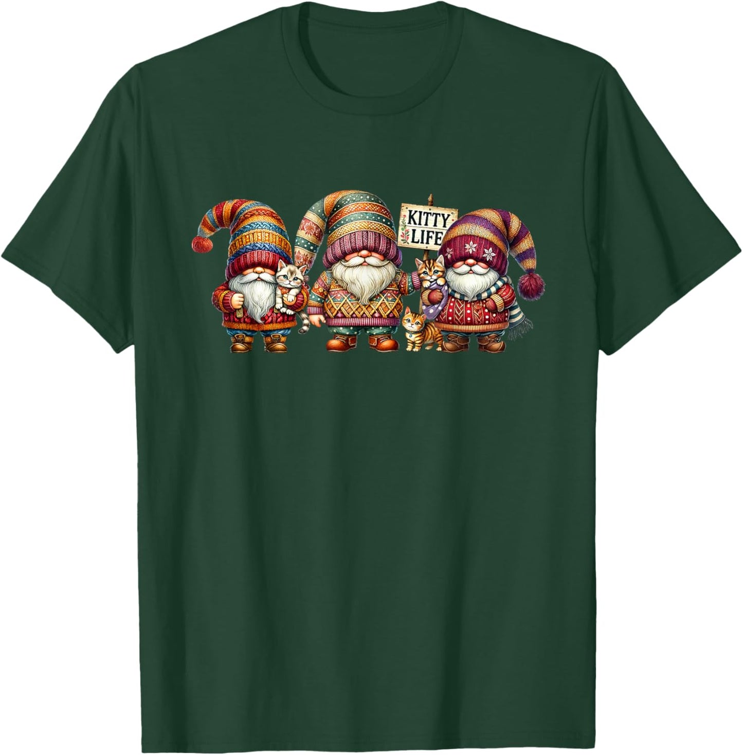 Christmas Gnomes With Cute Kitten For Xmas Funny Cat Lady T-Shirt - T-Shirt | Forest