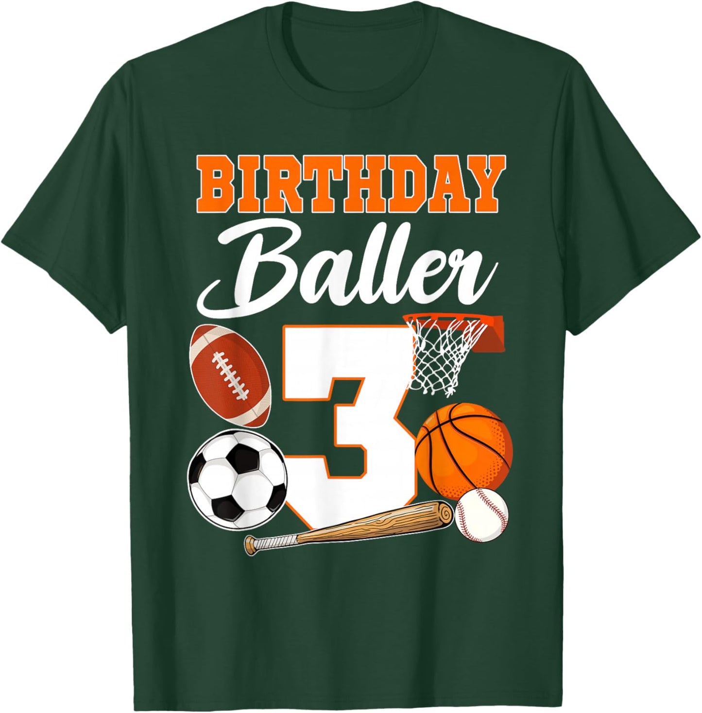3rd Birthday Sport Balls Theme 3 Year Old Birthday Baller T-Shirt - T-Shirt | Forest