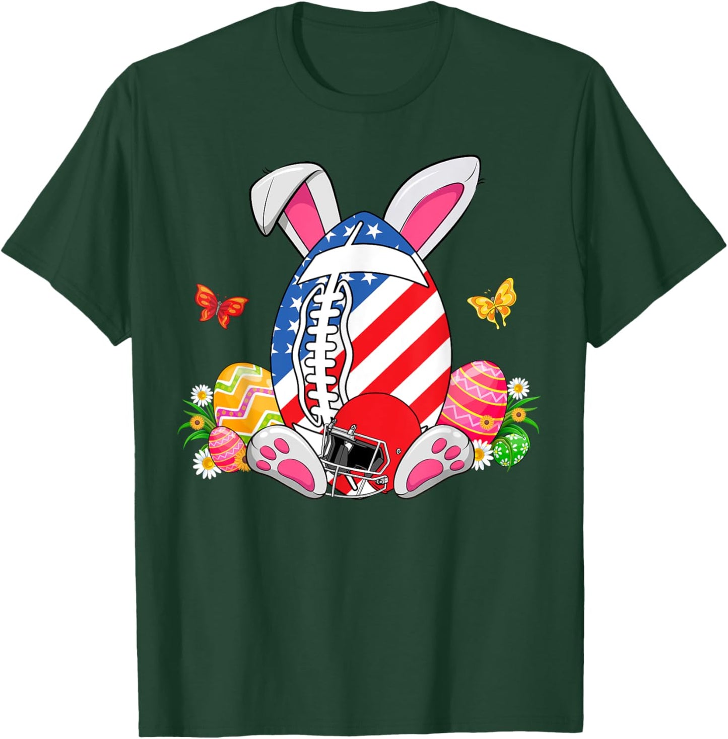 Football Ball With Helmet USA Flag & Bunny Ears Easter Day Women Kids Men T-Shirt - T-Shirt | Forest