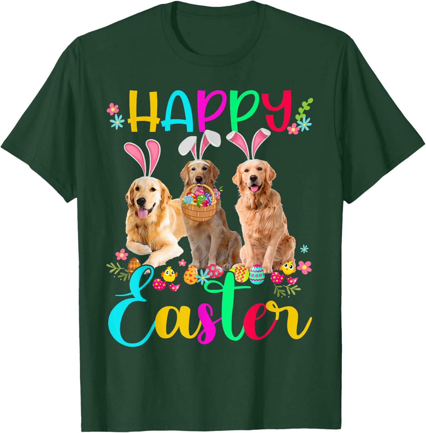 Happy Easter Three Golden Retriever Wearing Bunny Ear Gifts T-Shirt - T-Shirt | Forest