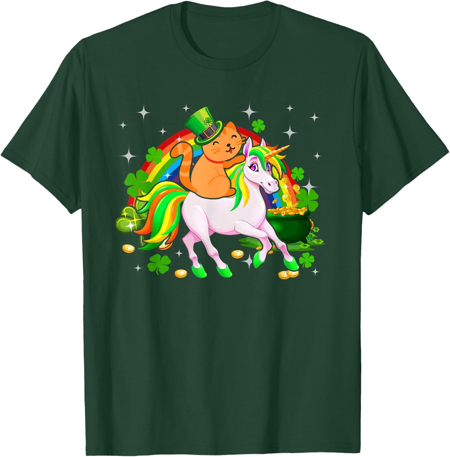Leprechaun Cat Riding Unicorn Happy St Patrick's Day Gifts Women Kids T-Shirt - T-Shirt | Forest