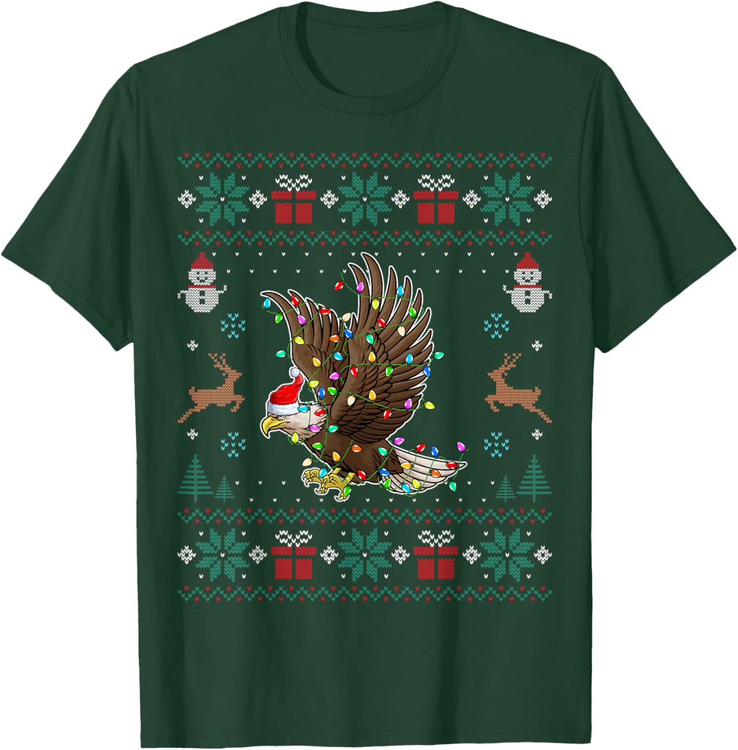 Eagle Santa Hat Xmas Lights Eagle Christmas Ugly T-Shirt - T-Shirt | Forest