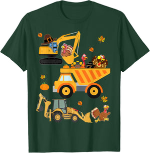 Thanksgiving Turkey kids boy truck Construction Vehicle fall T-Shirt - T-Shirt | Forest