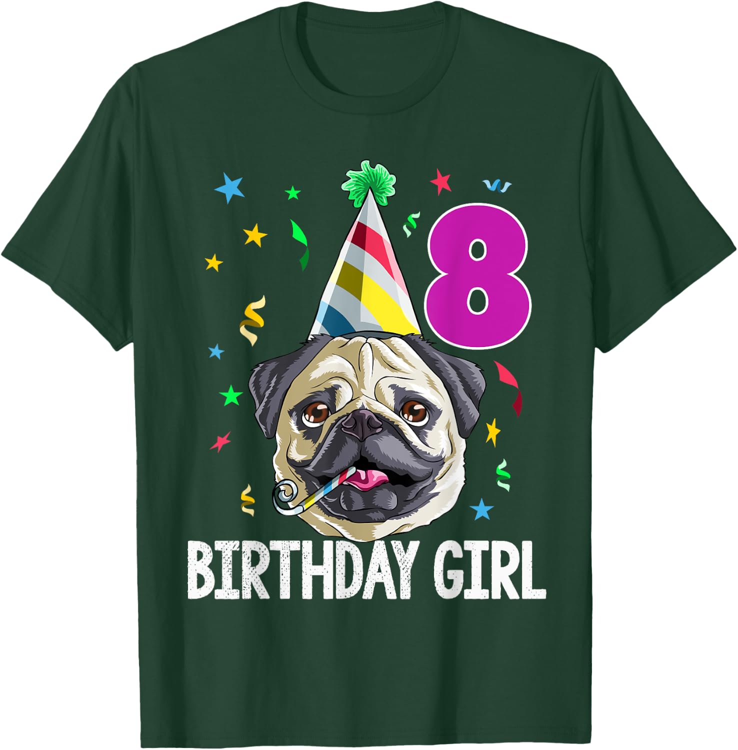 Pug Birthday Girl 8th 8 T Shirt Kids Girls Gift Party T-Shirt - T-Shirt | Forest