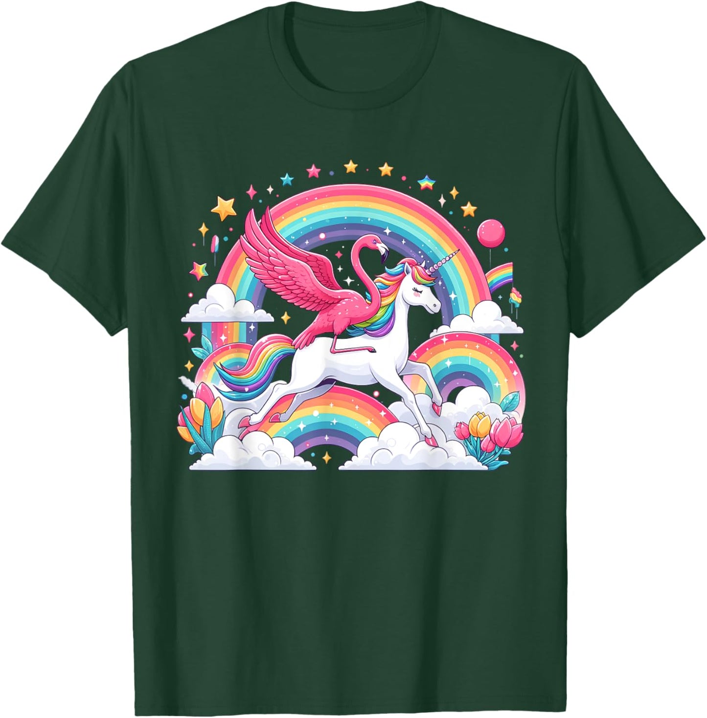 Flamingo Riding Unicorn Galaxy Rainbow Lover Girl Women T-Shirt - T-Shirt | Forest