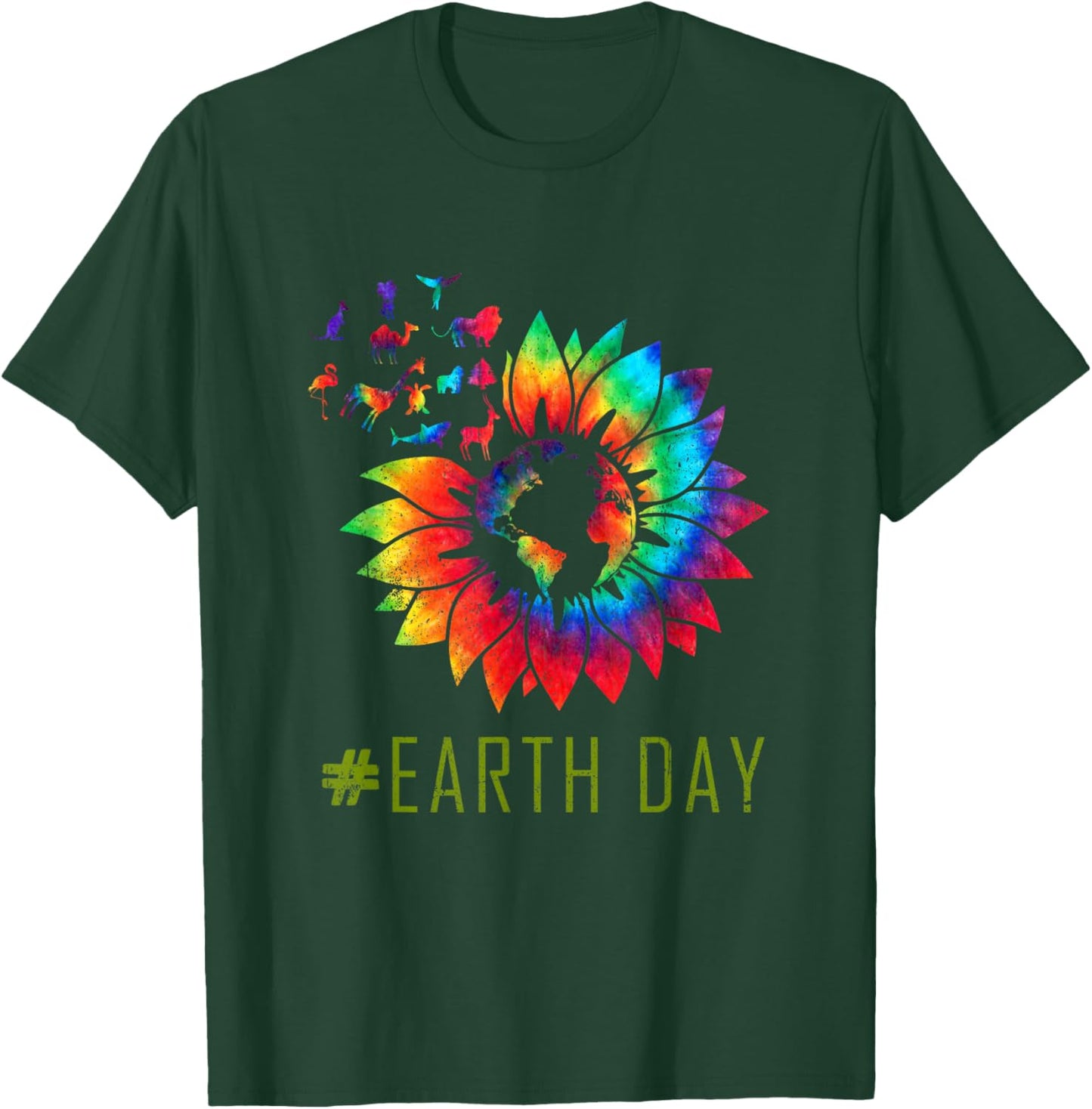 Earth Day Hippie Tie Dye Sunflower Earth Animals Outfit T-Shirt - T-Shirt | Forest