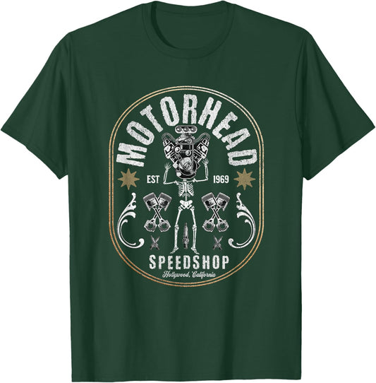 Skeleton Motor Head Speed Shop Hot Rod Mechanic Car Lover T-Shirt - T-Shirt | Forest