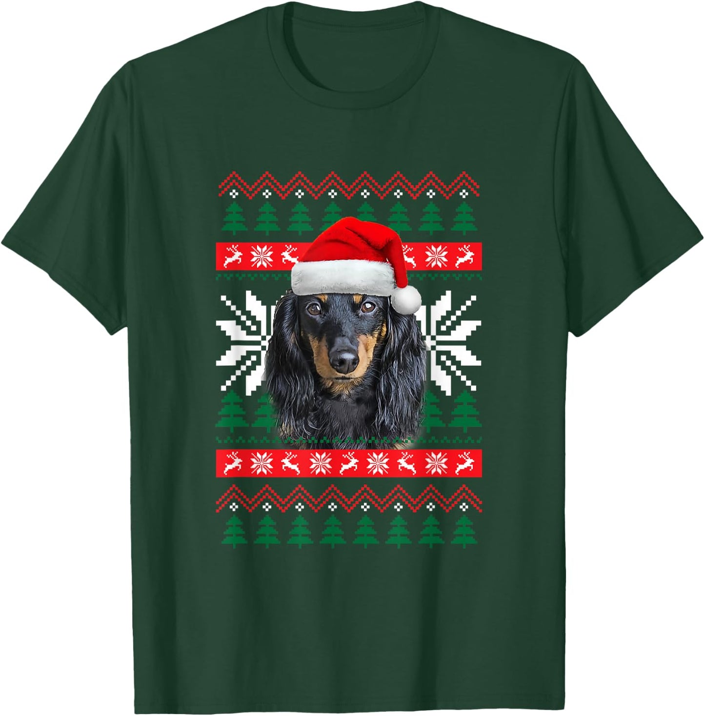 Dachshund Ugly Christmas Sweater Style Santa Hat Doxie Dog Men Women Kids T-Shirt - T-Shirt | Forest