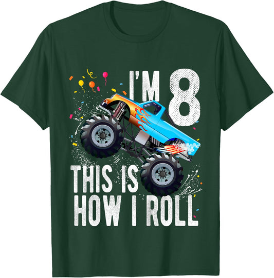 Kids 8 Year Old Shirt 8th Birthday Boy Monster Truck Car T-Shirt - T-Shirt | Forest