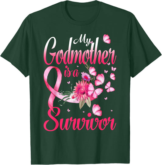 My Godmother Is A Survivor Butterfly Breast Cancer Awareness T-Shirt - T-Shirt | Forest