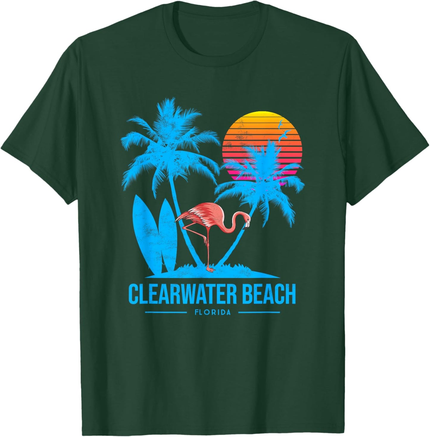 Clearwater beach. Flamingo and palm trees tropical sunset T-Shirt - T-Shirt | Forest