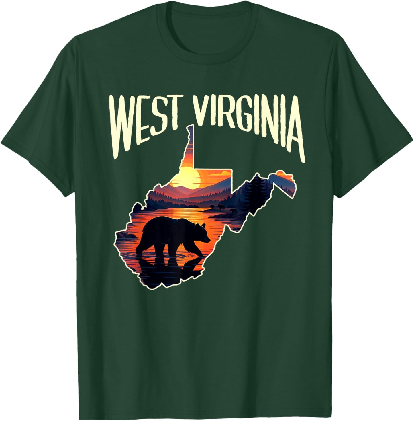 West Virginia State Map Traveling Souvenir Black Bear Sunset T-Shirt - T-Shirt | Forest