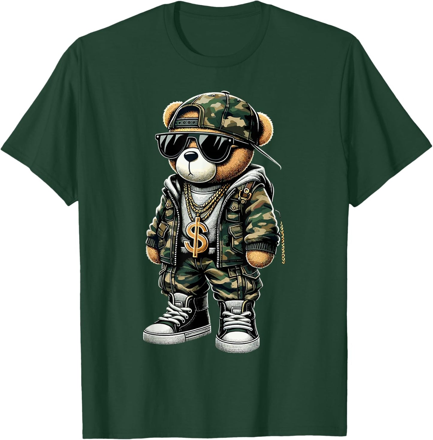 Camo Hip Hop Teddy Bear Camouflage T-Shirt - T-Shirt | Forest