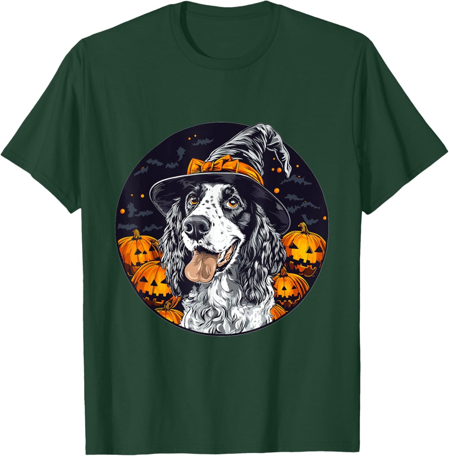 English Setter Dog Whitch Hat Halloween Pumpkin Spooky Happy T-Shirt - T-Shirt | Forest