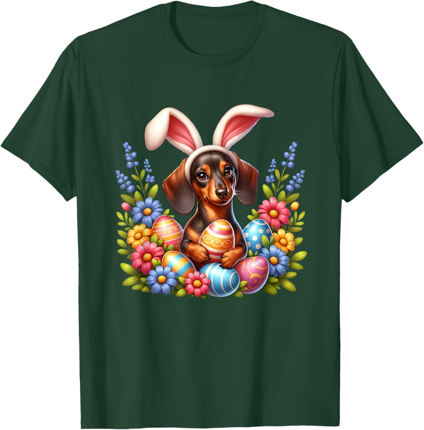 Dachshund Easter Dog Bunny Ears Easter Eggs Spring Flowers T-Shirt - T-Shirt | Forest