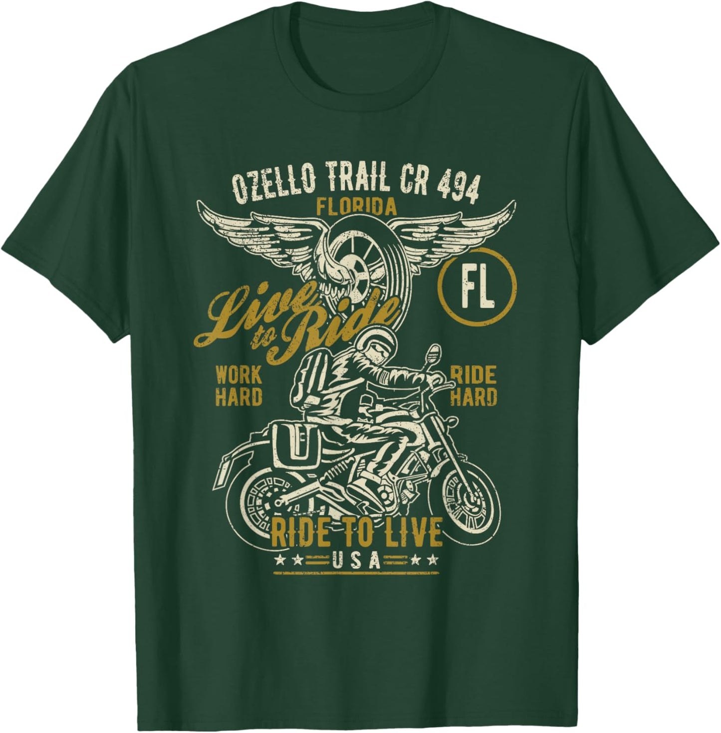 Ozello Trail CR 434 FL USA Motorcycle Distressed Design T-Shirt - T-Shirt | Forest