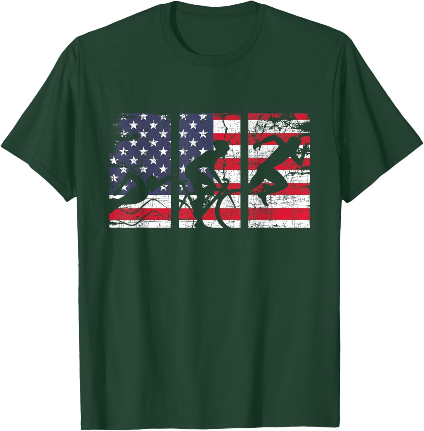 Triathlon USA Flag - Triathlete Athlete Sports Swim Run Bike T-Shirt - T-Shirt | Forest