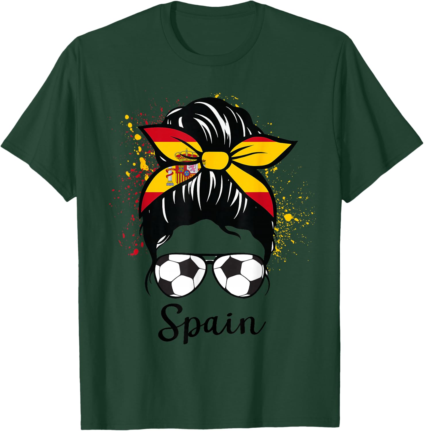 Spain Soccer Espana Flag Soccer Ball Messy Bun T-Shirt - T-Shirt | Forest