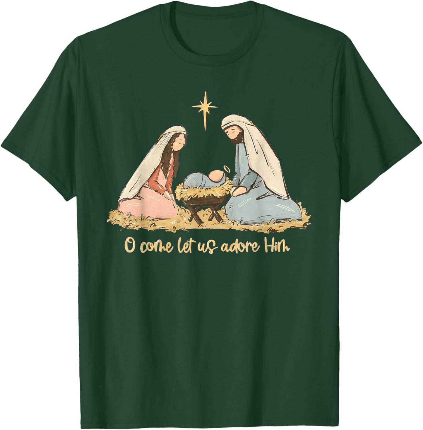 O Come Let Us Adore Him Merry Christmas Xmas Christian Jesus T-Shirt - T-Shirt | Forest