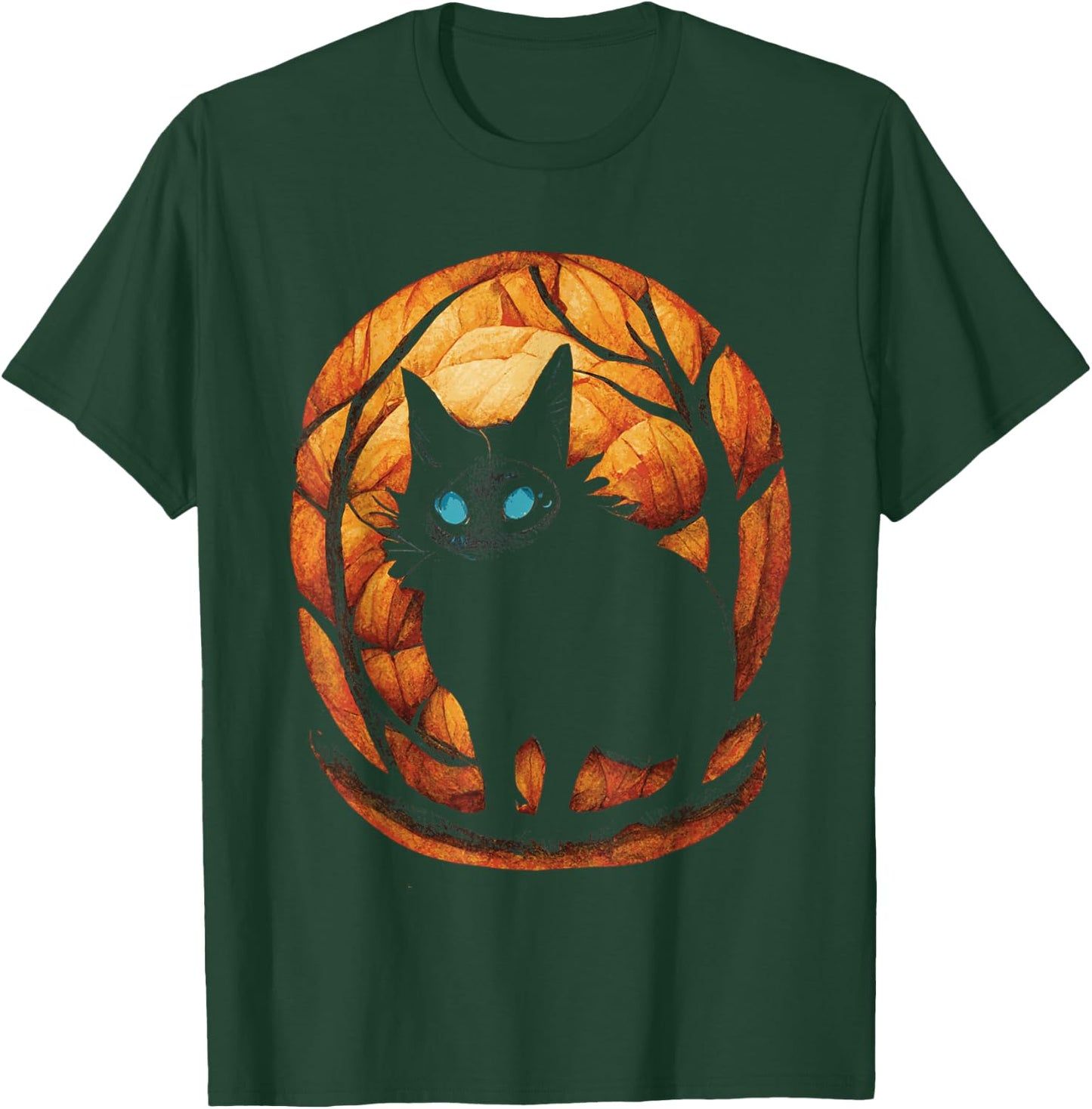 Creepy Black Cat in Magic Pumpkin Forest T-Shirt - T-Shirt | Forest