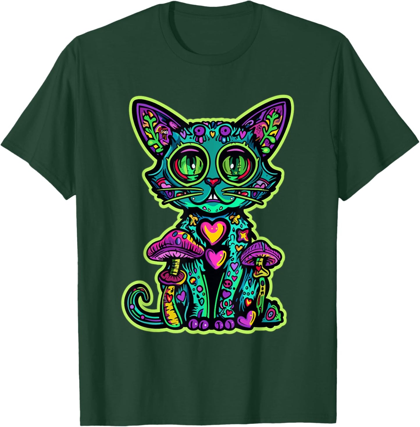 Psychedelic Cat Mushroom Art EDM Rave Men Women T-Shirt - T-Shirt | Forest