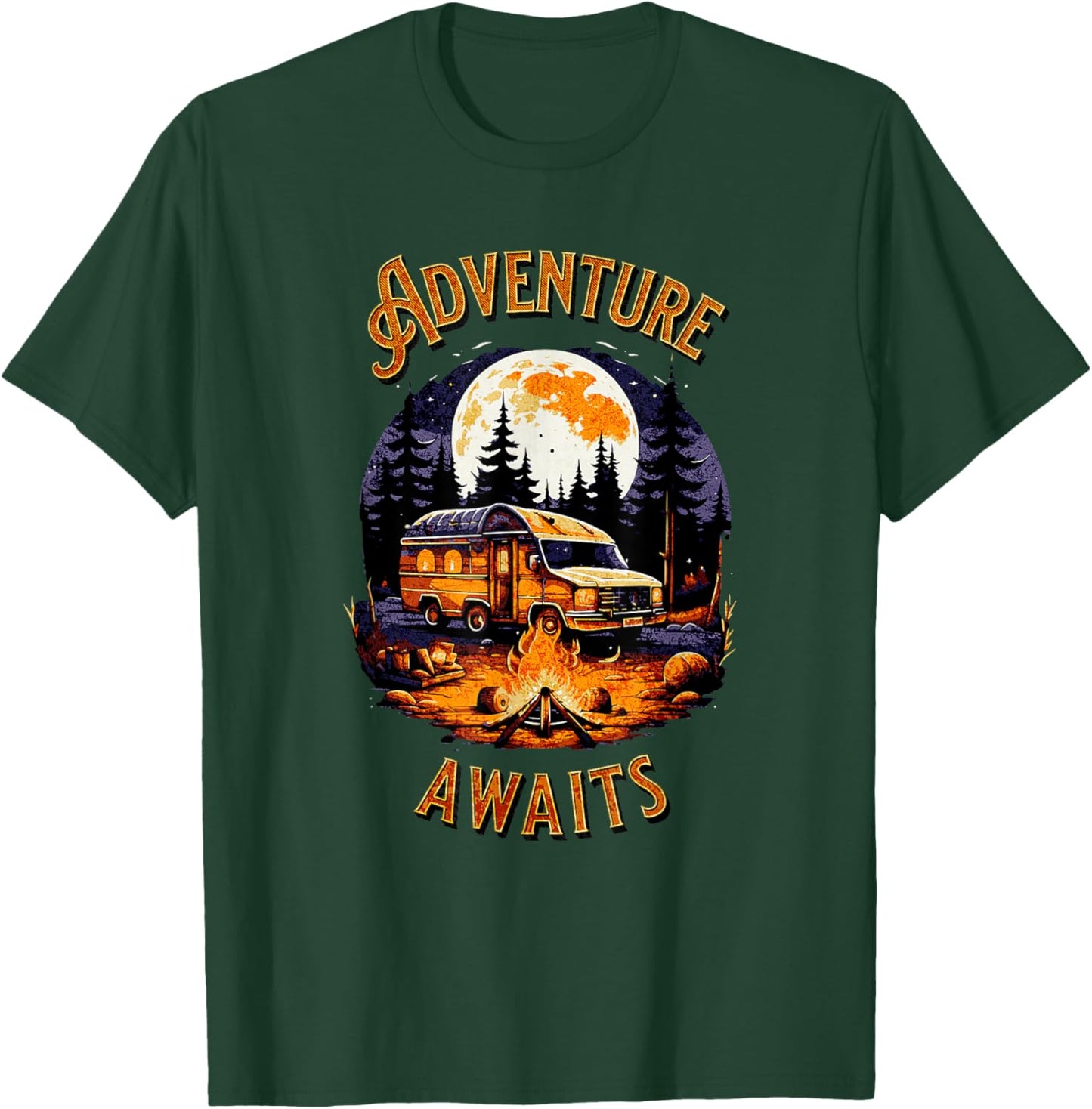 Adventure Awaits RV Camper Van Moonlight Camping Scene T-Shirt - T-Shirt | Forest