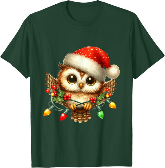 Owl Christmas Lights Santa Hat Xmas Owl Lover T-Shirt - T-Shirt | Forest