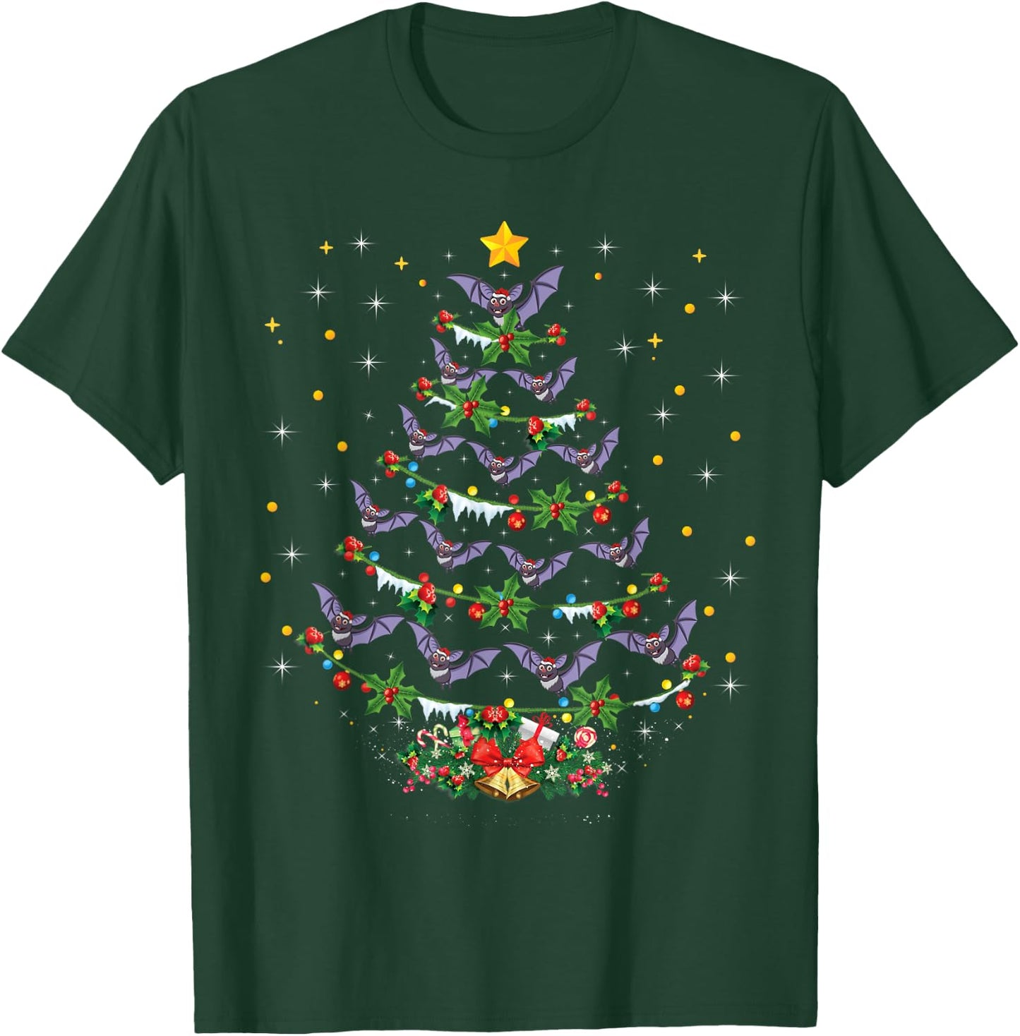 Funny Santa Bat Bird Xmas Gift Bat Christmas Tree T-Shirt - T-Shirt | Forest