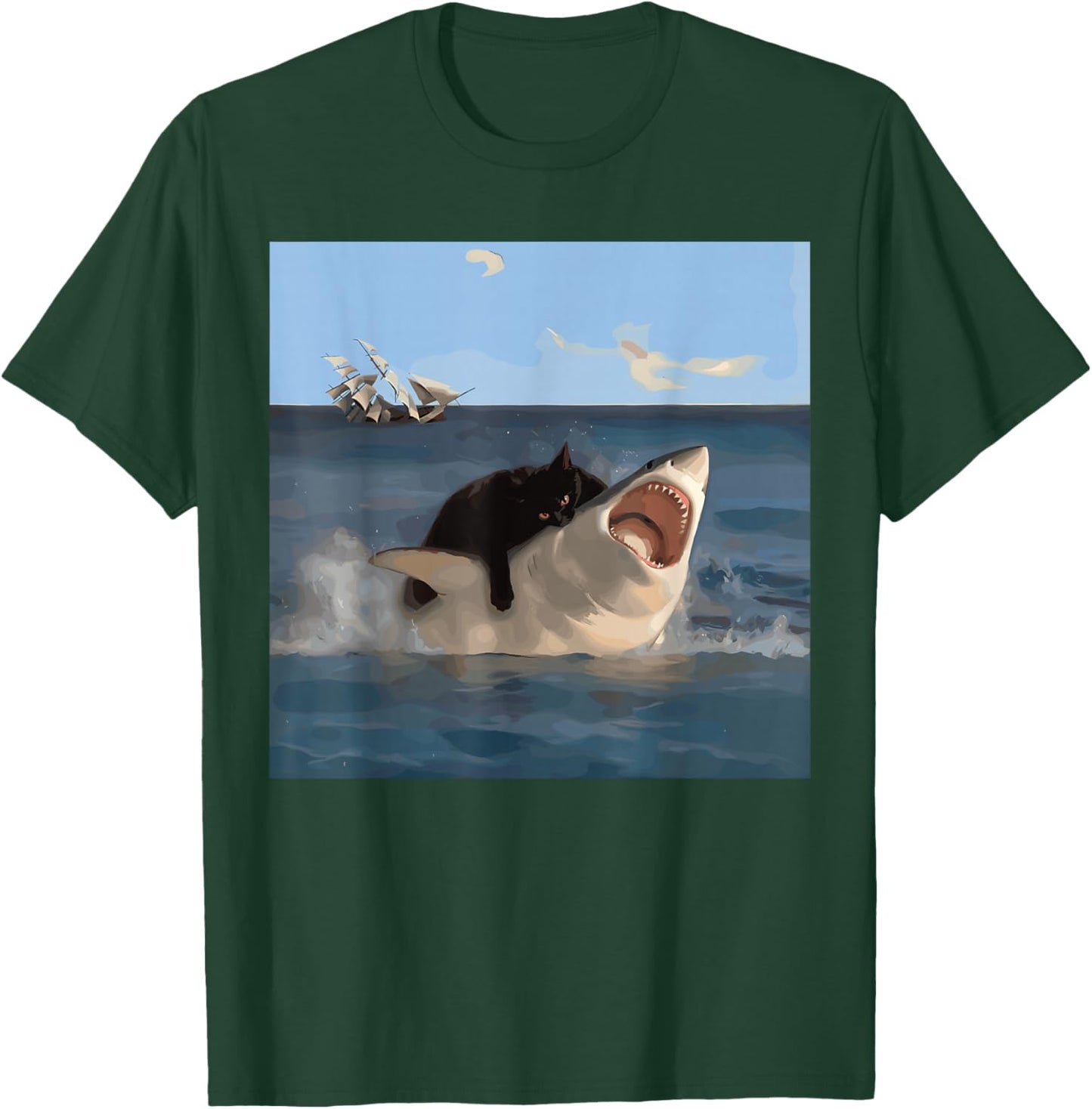 Funny Shark Biting Cat and Shark , Black, S T-Shirt - T-Shirt | Forest