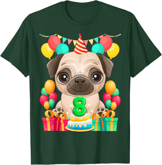 Pug 8th Birthday Gifts 8 Year Old Pug Lover Bday Presents T-Shirt - T-Shirt | Forest