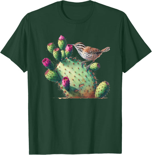 Cactus Wren & Prickly Pear Watercolor Art , Small, Black T-Shirt - T-Shirt | Forest