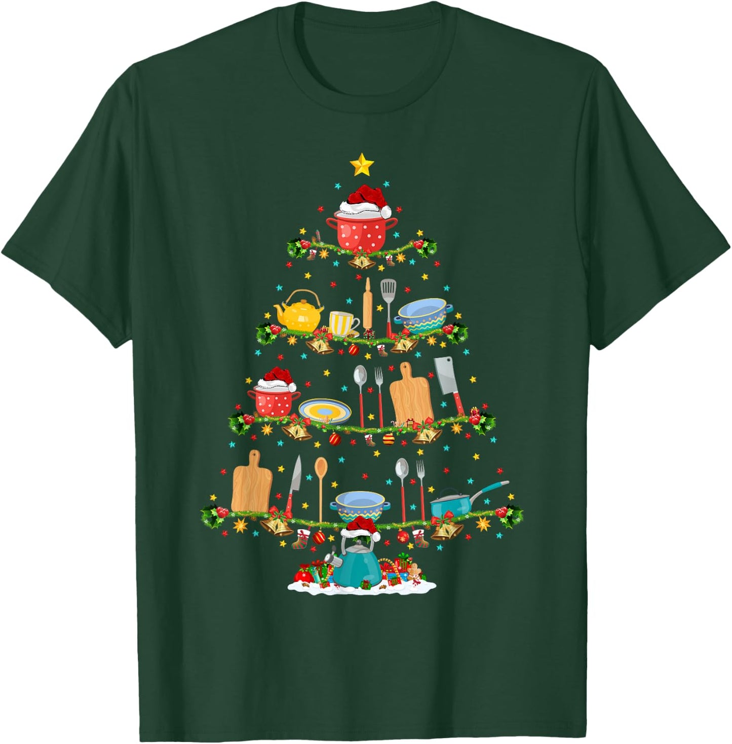 Cooking Lover Lights Xmas Santa Cooking Christmas Tree T-Shirt - T-Shirt | Forest