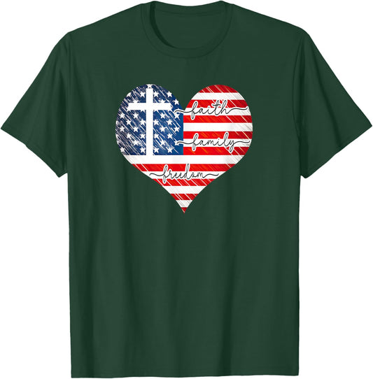 Faith Family Freedom Heart - 4th of July Patriotic Flag T-Shirt - T-Shirt | Forest