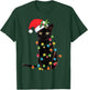 Santa Black Cat Tangled Up In Christmas Tree Lights T-Shirt - T-Shirt | Forest