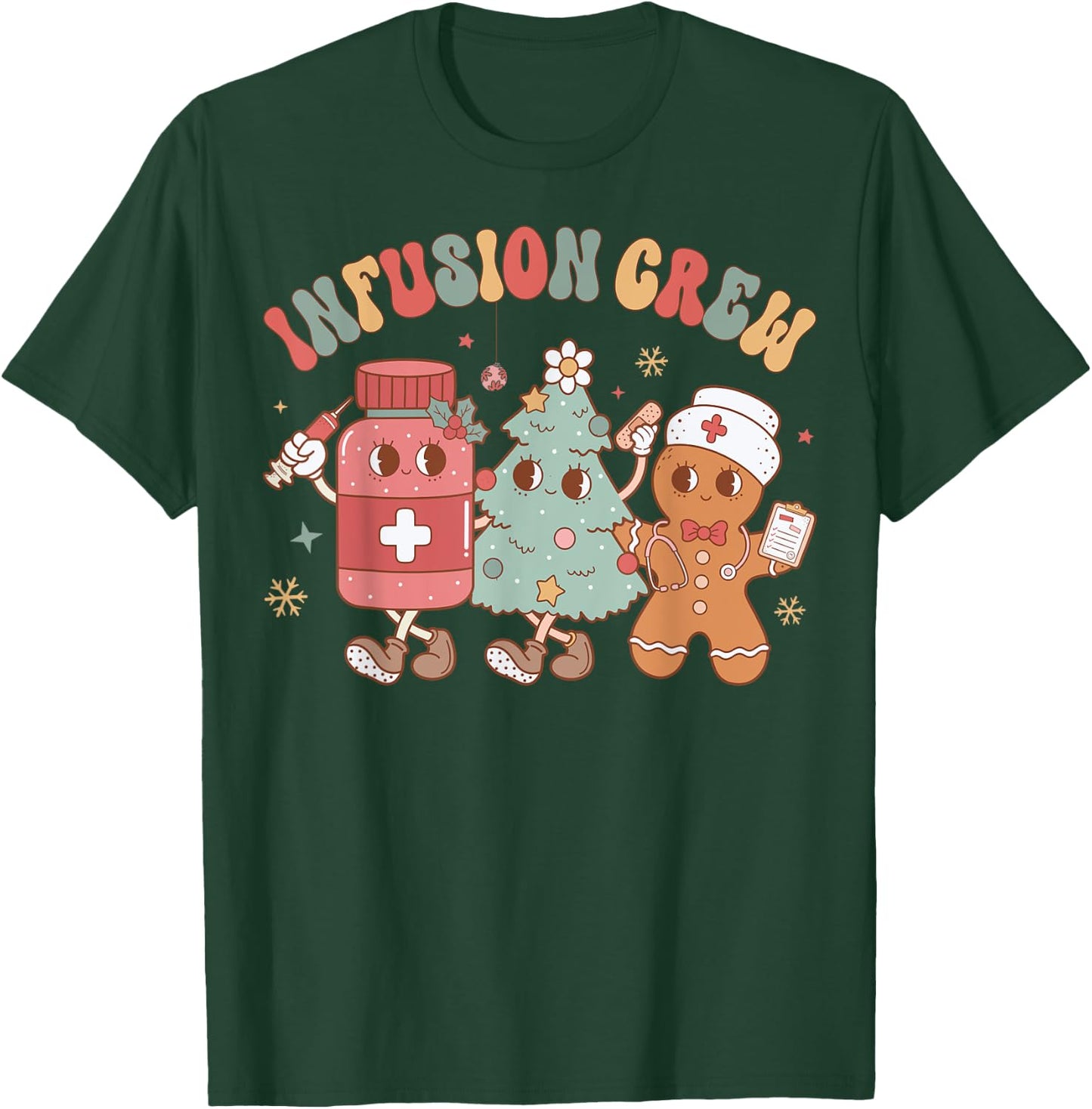 Infusion Nurse Crew Tree Gingerbread Christmas Nurse Retro T-Shirt - T-Shirt | Forest