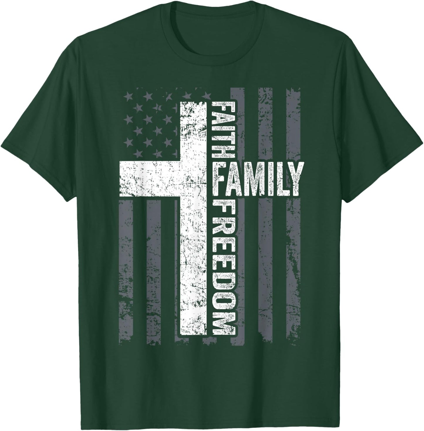Faith Family & Freedom - Patriotic Christian USA Cross Flag T-Shirt - T-Shirt | Forest