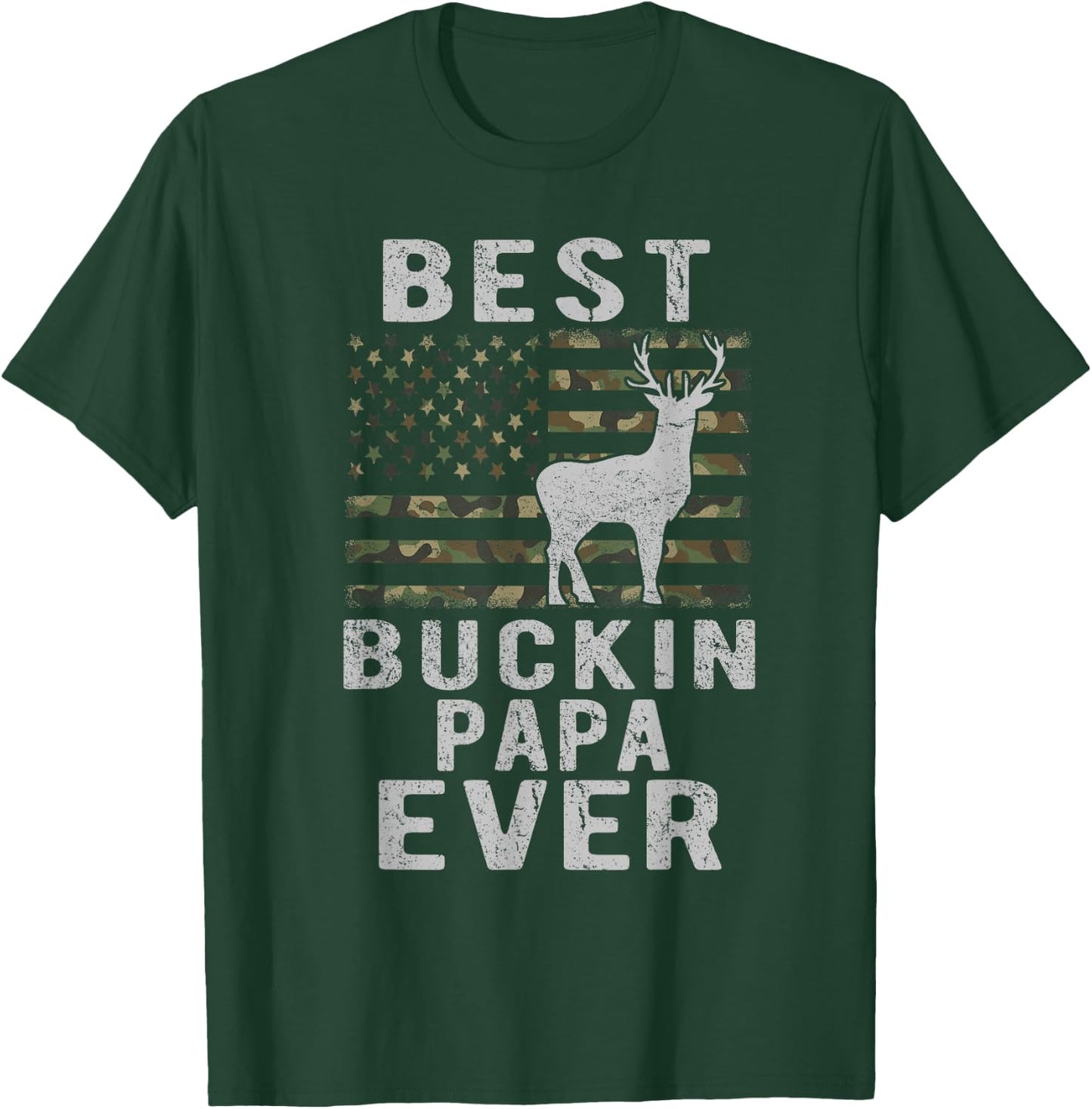 Best Bucking Papa Ever Camouflage American Flag Deer Hunting T-Shirt - T-Shirt | Forest